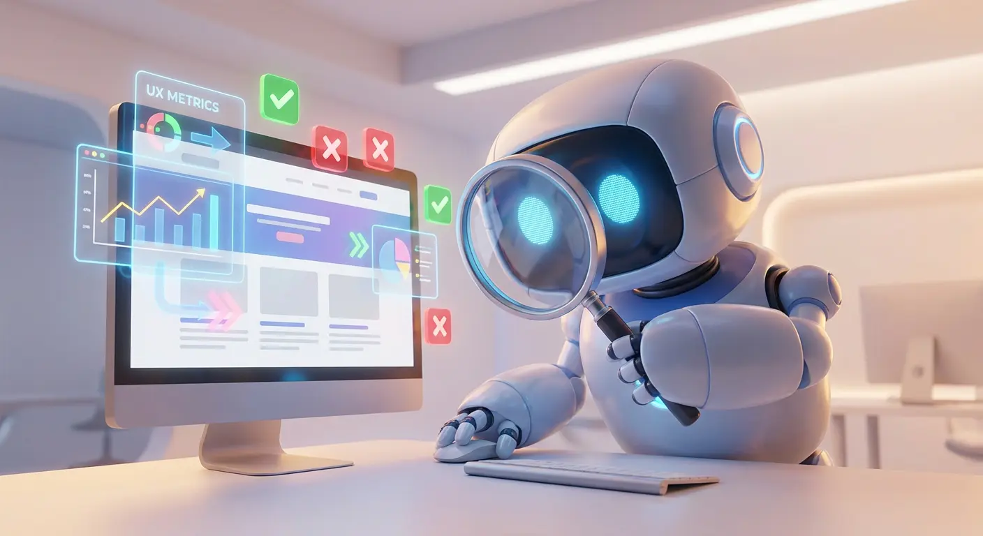 AI robot auditing a website design for UX mistakes